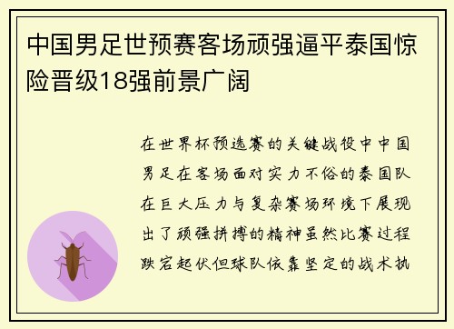 中国男足世预赛客场顽强逼平泰国惊险晋级18强前景广阔 中国男足世预赛客场顽强逼平泰国惊险晋级18强前景广阔